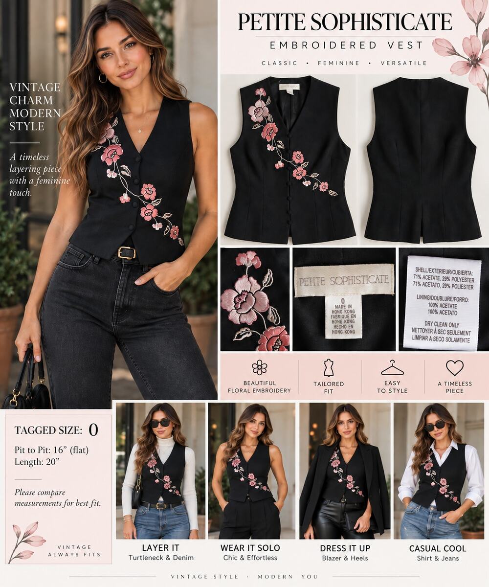 Vintage Petite Sophisticate Floral Embroidered Vest Black Pink Size 0